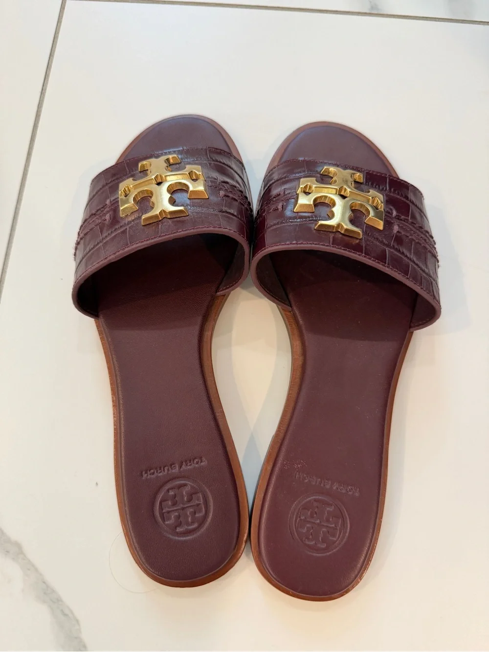 Tory Burch Burgundy Croc-Embossed Slide Sandals with Gold Logo